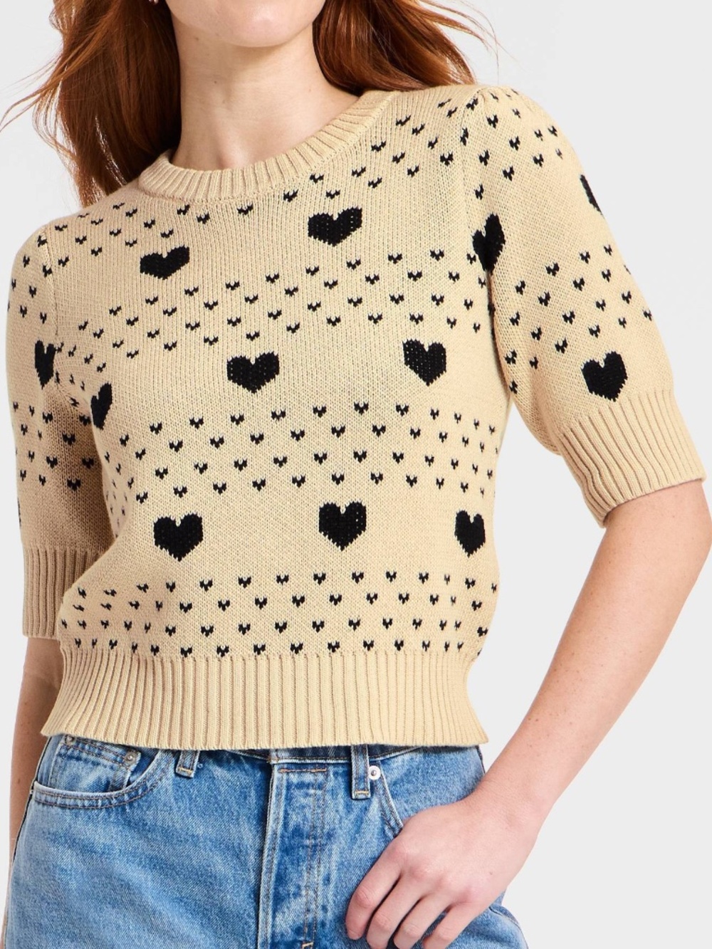 Elbow Sleeve V Day Hearts Crewneck Pullover Sweater - Universal Thread™ Taupe L